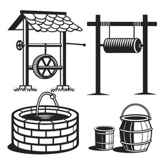 Collection of vintage well designs including a brick well with a bucket a wooden well with a crank and wheel a simple pulley system and two wooden barrels for water collection