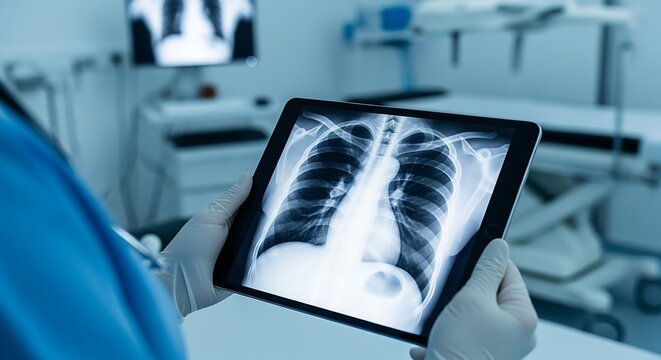 A medical professional reviews a digital chest x-ray displayed on a tablet, highlighting the anatomical structures of the lungs and rib cage in a modern medical setting.