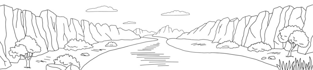 Canyon river graphic black white desert mountain long landscape sketch illustration vector 
