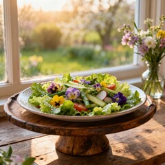 봄야채샐러드와식용꽃장식음식사진