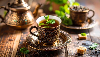Aromatic mint tea in ornate cups