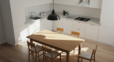 Fototapeta premium Bright Kitchen with Wooden Table and Chairs in Minimalist Style