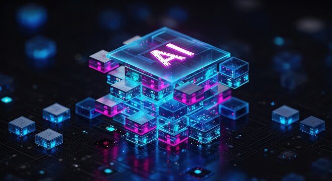 Artificial intelligence microchip with glowing ai letters on top