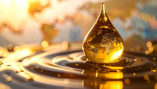 Golden Drop of the World: A stunning visual representation of a glistening drop of oil, reflecting the world map, symbolizes global energy, and resources with an impactful perspective - Powered by Adobe