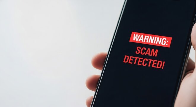 A person holds a smartphone displaying a 'scam detected' warning. Cybersecurity concept for protecting digital privacy and preventing fraud and deception. - Powered by Adobe