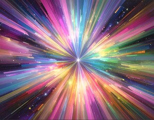 Abstract burst of vibrant colors radiating outward from a central point, with streaks and stars