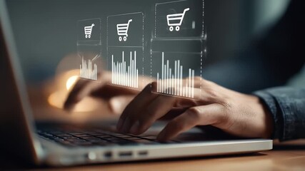 Person working on laptop, overlaying shopping cart and chart graphics - Powered by Adobe