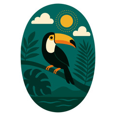 Toucan in Tropical Rainforest – Oval Badge Vector