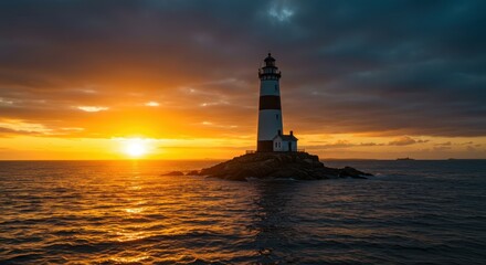 A solitary lighthouse stands sentinel on a small island, bathed in the warm golden light of a dramatic sunset over the tranquil ocean.