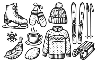 Hand drawn winter clothes and holiday equipment collection with sweater, hat, gloves, ski, sled, coffee, isolated on transparent background, generative ai