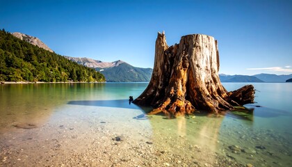 Tranquil lake scene with a weathered tree stump