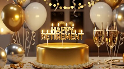 Golden Retirement Cake With Candles Champagne And Balloons celebration