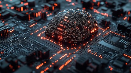A digital rendering of a human brain placed on a glowing circuit board. The image represents the intersection of technology and human intelligence.
