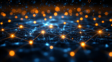 Glowing orange dots and blue lines form an abstract digital network structure on a dark background, representing data connections and technology.
