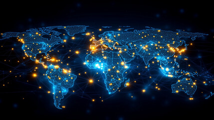 An abstract world map shows a digital global network with glowing lines and illuminated data points connecting countries.