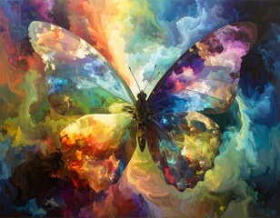 Abstract butterfly in vibrant colors, surrounded by swirling clouds