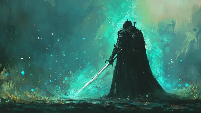 A knight wields his sword to cast a spell, awakening a demon in a digital art illustration