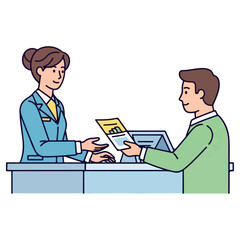 Bank teller assisting a customer with financial transactions at a counter.