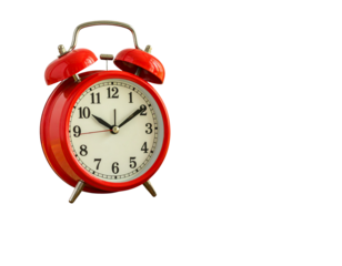 Red Alarm Clock with Coffee and Notebook Isolated on Transparent Background PNG