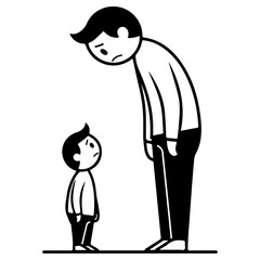 Tall adult looking down at small child with sad expression.