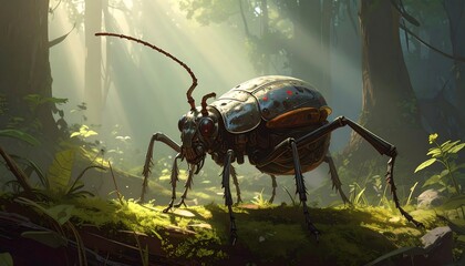 Steampunk insect in a sunlit forest