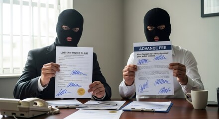 Two men in balaclavas holding fraudulent lottery winner claim and advance fee documents. Financial scam and deception concept for fraud prevention.