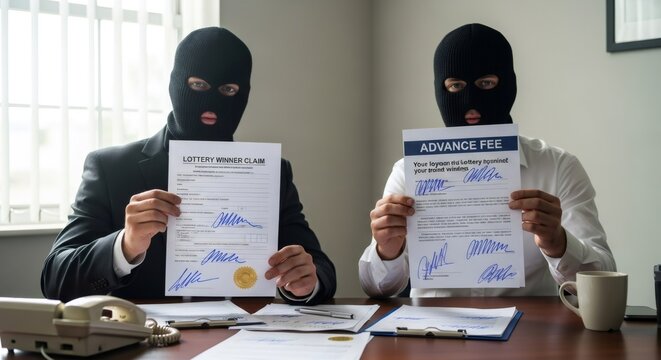 Two men in balaclavas holding fraudulent lottery winner claim and advance fee documents. Financial scam and deception concept for fraud prevention. - Powered by Adobe