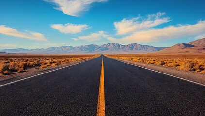 A long straight road stretching through a desert landscape towards distant mountain range under blue sky
