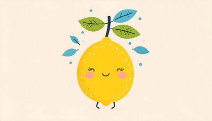 Cute cartoon lemon with leaves