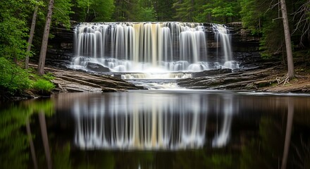 Serene Waterfall Cascading into Calm Pool.