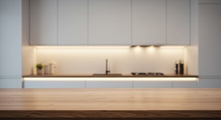 Fototapeta premium Empty Wooden Table Surface with Blurred Modern White Kitchen Backgound