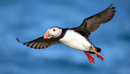 A puffing bird soars through a vibrant sky