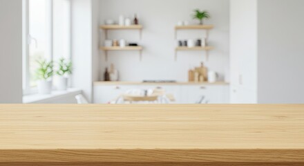 Empty Wooden Tabletop in Bright, Minimalist White Kitchen Interior