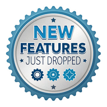 A blue and silver badge announcing new features just dropped with gear icons, representing a software update or product upgrade