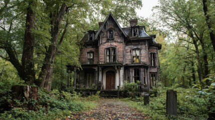 This striking Victorian house stands alone in a lush forest, showcasing its intricate architecture. Overgrown vegetation surrounds the property, reflecting years of neglect in the fading daylight.