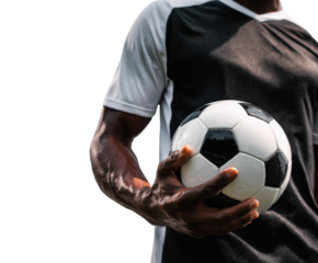Engaging soccer player holding a ball ready for action