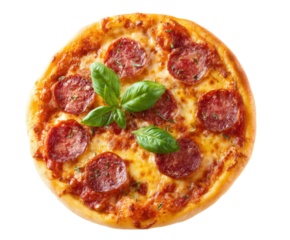 Pepperoni pizza topped with fresh basil for a tasty treat
