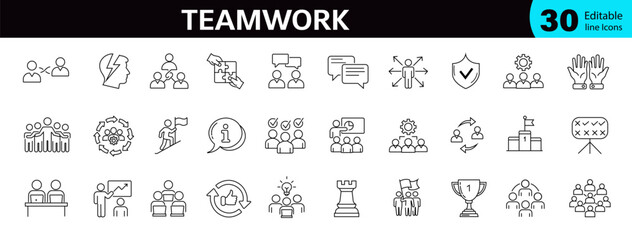 Teamwork icon set, business collaboration line icons with meeting, support, partnership, society, human, workshop, communication, human resources, editable stroke vector illustration. 