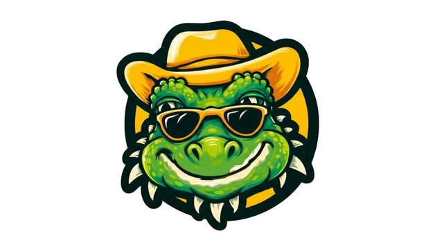 Cartoon lizard character wearing hat and sunglasses smiling graphic