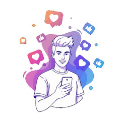 Man holding phone with social media likes and hearts