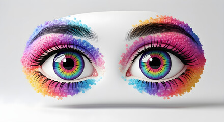 Pair of rainbow eyes painted with vibrant cosmic colors, abstract surrealism with lashes glowing in fantasy tones, captured as synaptic pixel abstract overlay themed surreal artwork