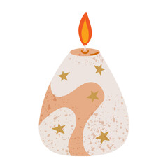 Decorative wax candle round shape with stars. Home interior decor. Cozy design element.