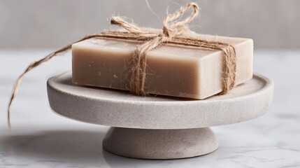 A bar of soap tied with twine on a minimalist concrete dish, showcasing a clean and modern aesthetic