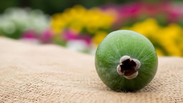 A single green feijoa fruit resting on a burlap surface with blurred colorful flowers in the background.