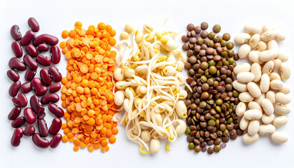 this image presents an array of legumes arranged in distinct sections against a plain background