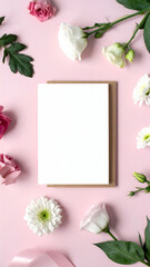 Obraz premium a blank, white card rests on top of a tan envelope and is surrounded by a variety of flowers on a pink background