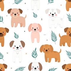 Naklejka premium Cute dogs and leaves pattern