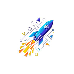 Blue rocket launching with geometric shapes