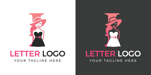 Letter I logo with chic woman in hat and dress alphabet initial
