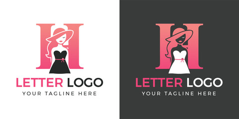Letter H logo with sophisticated woman in hat and dress alphabet initial